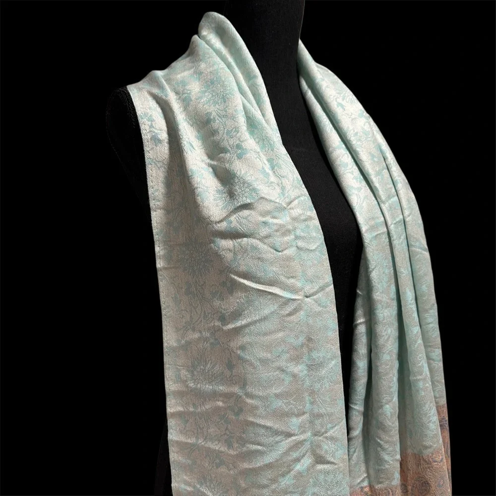 Elegant Shawl in Light Mint & Cream - Versatile Wrap, Scarf, or Veil, Soft Rayon
